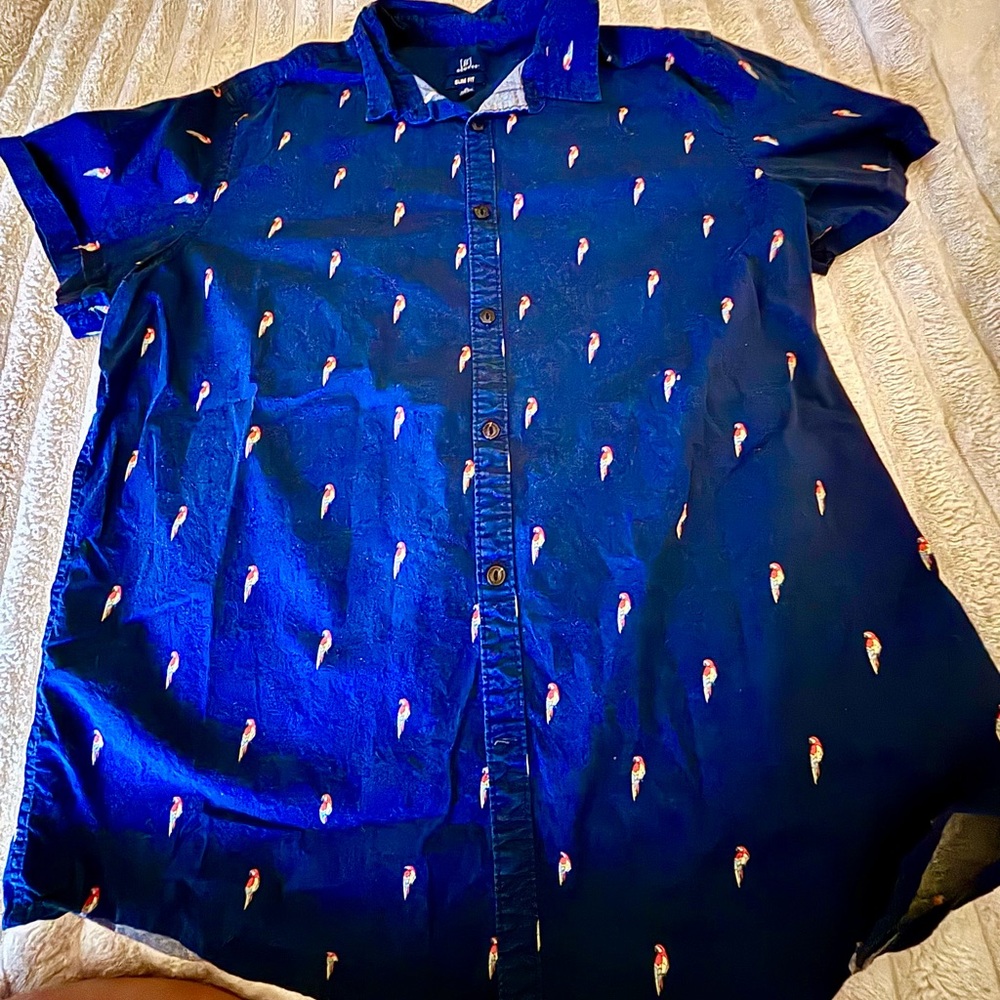 George Navy Short-Sleeve Button-Up Shirt with Small Parrot Print
